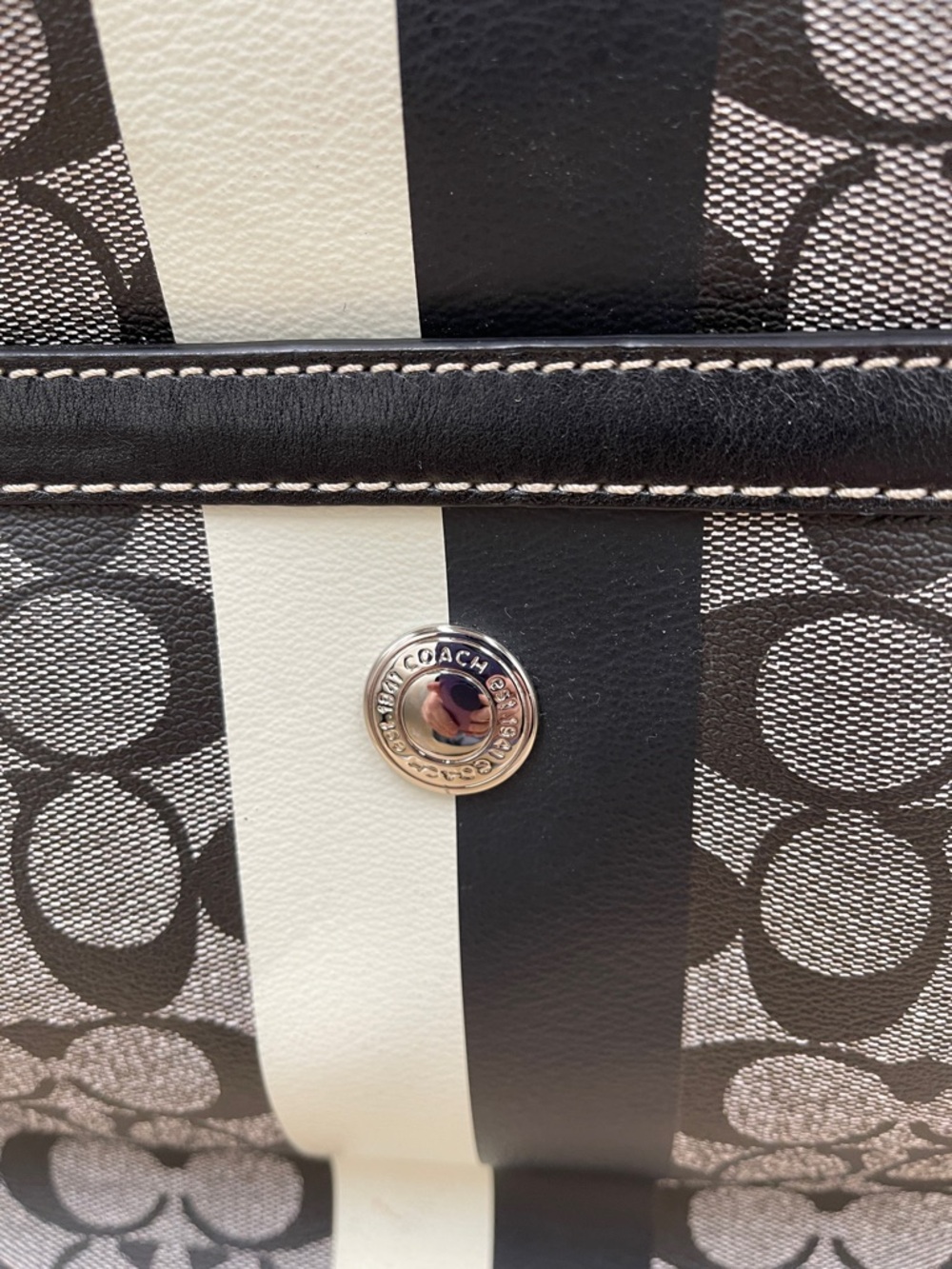 Coach Signature Stripe Tote Black and Light Gray Denim Canvas Look Work or Baby - Picture 2 of 11